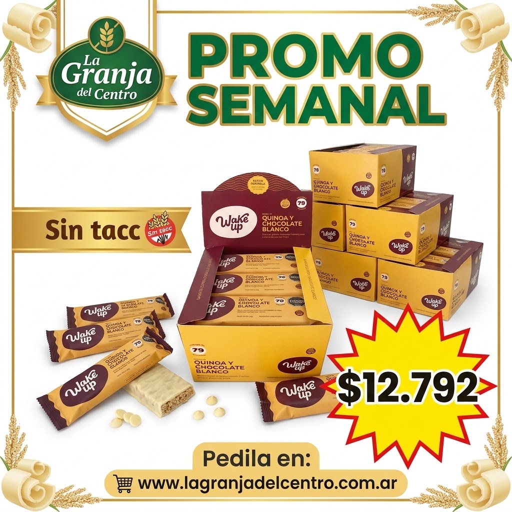 Ofertas y Promociones WAKE UP - BARRAS DE QUINOA CON CHOCOLATE BLANCO X 18 UN sin tacc promo semanal